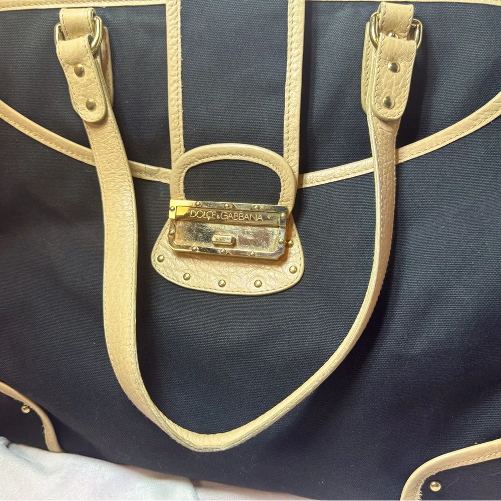 Dolce and Gabbana Tote Black Nylon Tan Leather Leopard Lining Rare Vintage - Picture 1 of 15